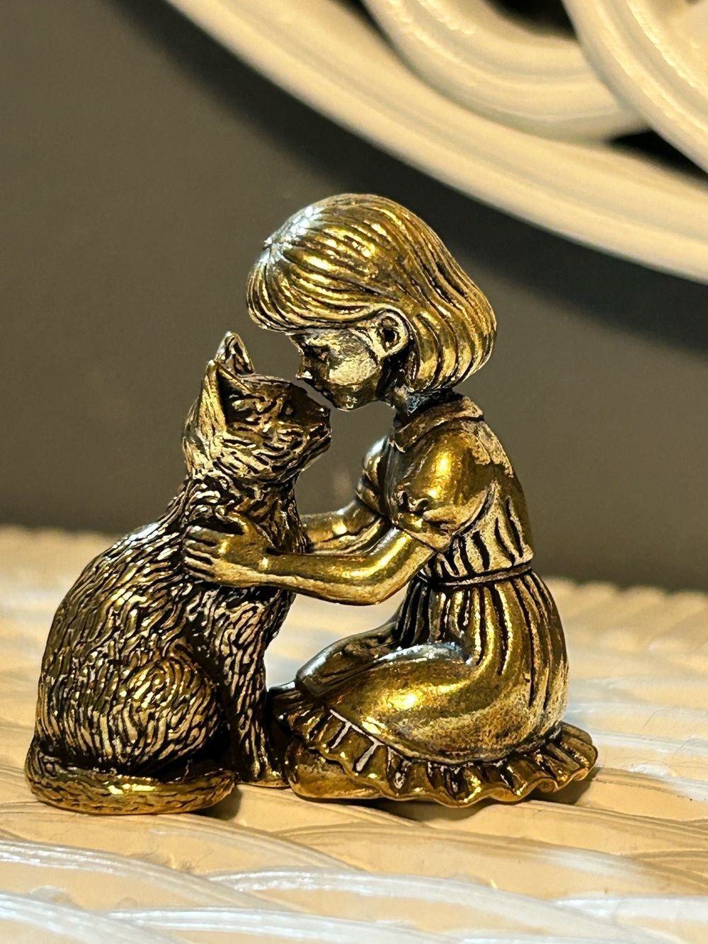 Brass Girl Kissing Cat Trinket Figurine